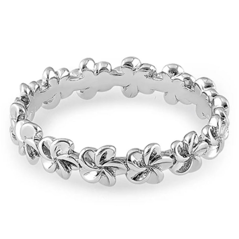Hawaiian Plumeria Flower Eternity Band Ring 4.2 mm 925 Sterling Silver - Picture 15 of 16